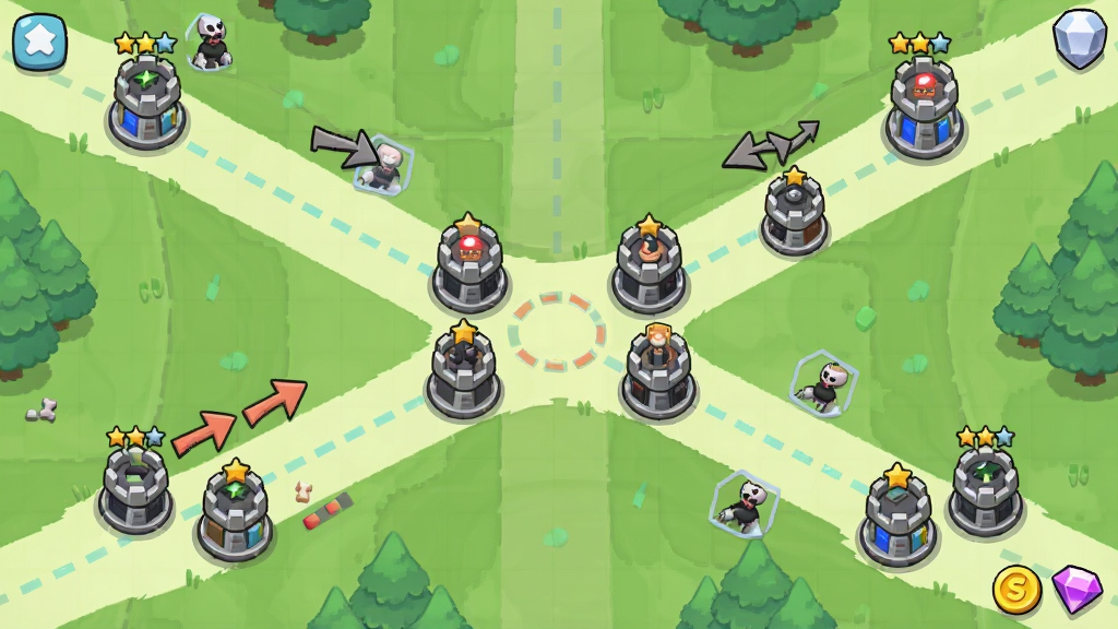 ��һ�ſ�ͨ����ս����ͼ�ϣ�չʾRush Defense2�Ķ�·�߷������֣�����Ϊ�����ֲ�ĵ��˽���·�ߺͷֲ��ڹؼ�·�ڵķ����������ֲ��ø����ӽǣ�·����ǳɫ���߱�ʾ����λ��Բ�ε�����ע�����Ϊ����������Ϸ����磬ϸ�ڰ������ĵȼ����ǡ����˲��μ�ͷ������뱦ʯͼ���׺����������������ɾ����޶���Ԫ�ء�