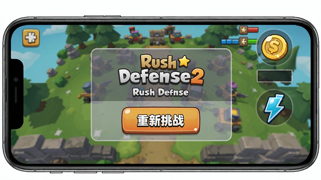չʾһ�������ֻ���Ļ������Rush Defense2�Ļ��棬����Ϊ��Ϸ�ؿ�ʧ�ܺ󵯳�����ʾ���ں�������ս��ť���Ա��н�Һ�����ͼ�ꡣ����Ϊ�ֻ�������д���Ű���С����Ϊ������ϷUI�磬ϸ�ڰ�����ť�߹⡢��͸�����֡���ͨ���塣��������������ɾ����޶���Ԫ�ء�