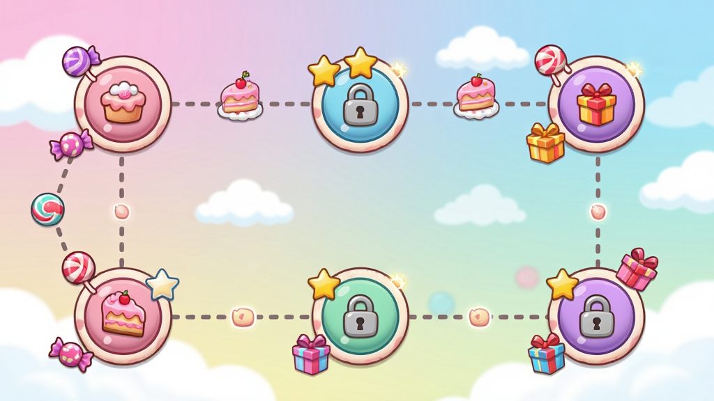 һ����Ϸ�ؿ���ͼ������Ĳ廭������չʾSweet Pop : Lovely Match���½��ƽ���ͼ����ͼ���ж��Բ�ιؿ��ڵ����������ӣ��ڵ���Χ���ǹ������⡢����е�װ��Ԫ�أ���������͵Ľ���ɫ������ƶ䣬������ɰ����ã�ϸ�ڰ����ڵ��ϵ��Ǳ�������ͼ�꣬���������ɾ����޶���Ԫ��