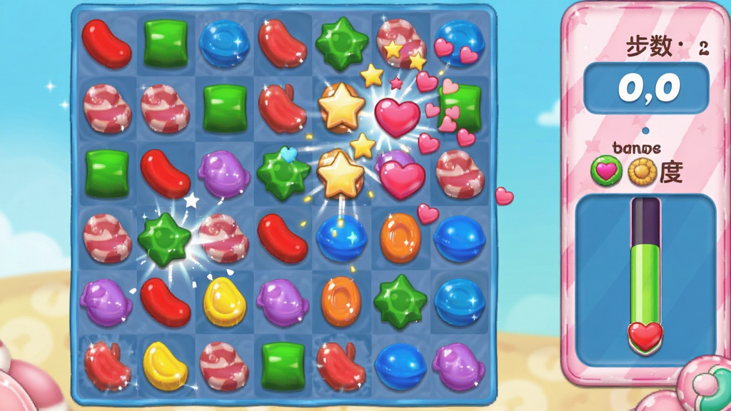 һ����Ϸ�����ͼ���Ĳ廭������չʾSweet Pop : Lovely Match���������̣��������в�ͬ��ɫ���ǹ�Ԫ�أ������ǹ������������������ǺͰ���������Ч�������Ҳ��в���������Ŀ�������������ɫ���Է�ɫ��ǳ��ɫΪ��������������£�ϸ�ڰ����ǹ��ĸ߹������̸������������ʸɾ��������޶�������Ԫ��
