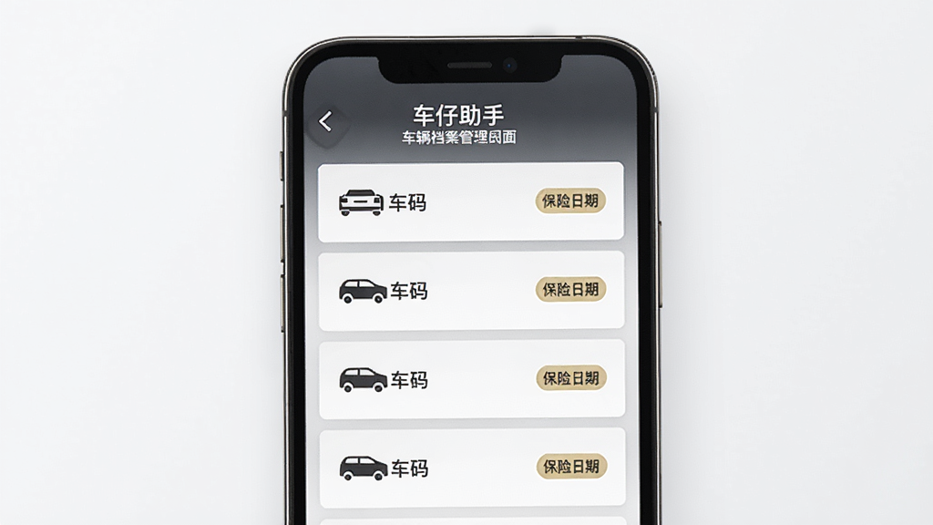 车仔助手 车辆档案管理界面 主体为手机屏幕 布局为列表式卡片 排版整齐 风格简约商务 细节包含车牌号 车型图标 保险日期标签 画质清晰 干净 无多余元素