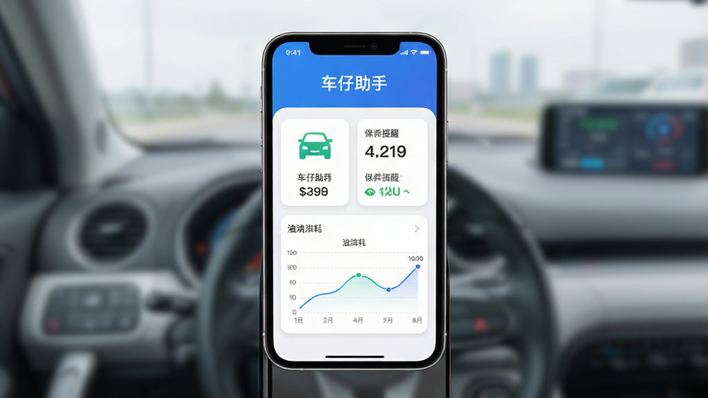 车仔助手 手机APP界面展示 主体为一部智能手机 屏幕显示车辆管理仪表盘 布局居中 上方标题文字