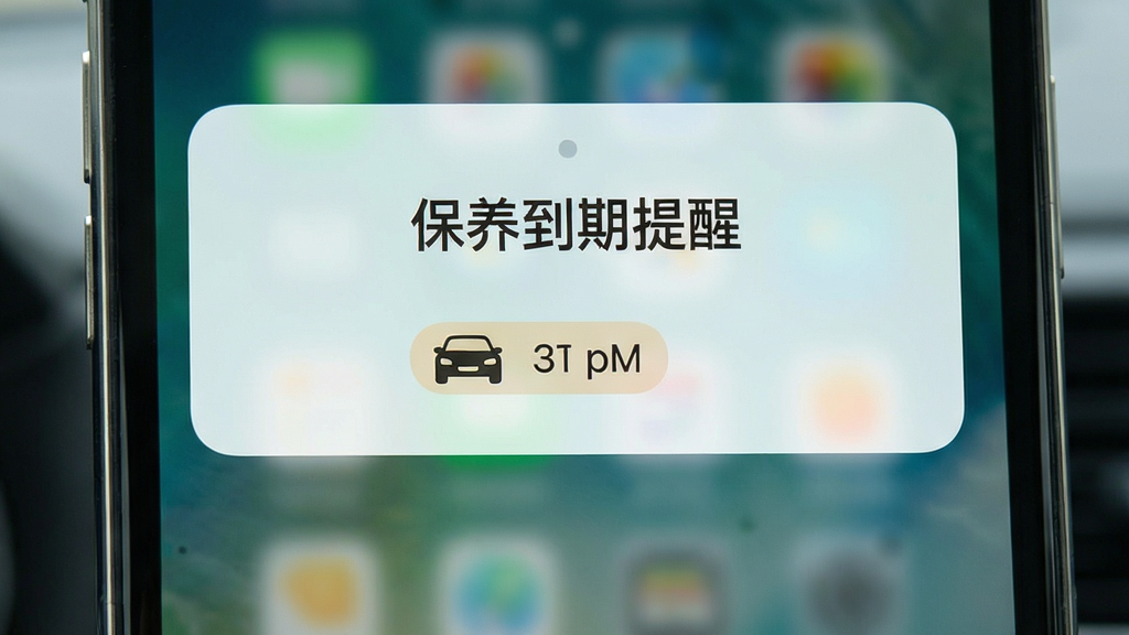 车仔助手 保养提醒推送界面 主体为手机锁屏通知 布局为顶部弹窗 排版居中 风格温馨实用 细节包含