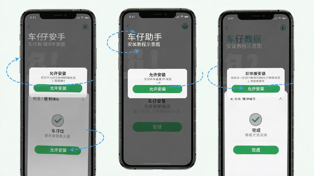 车仔助手 安装教程示意图 主体为手机屏幕 布局为分步操作截图 排版从上到下 风格教程指引 细节包含