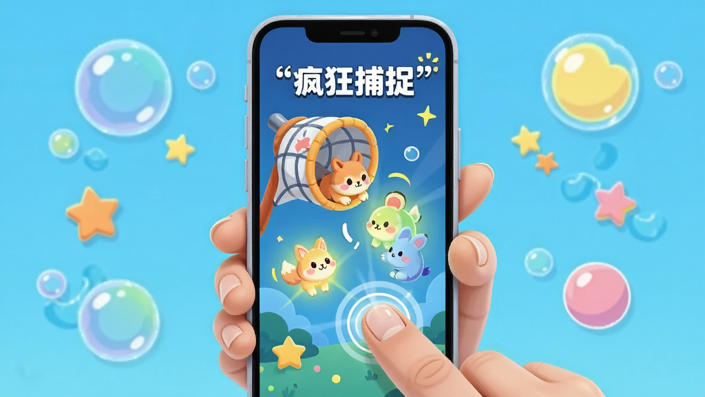 一只手拿着手机,屏幕上显示卡通捕捉网正在捕捉发光小动物,画面采用俯视视角,布局为手机居中,周围环绕着彩色气泡和星星装饰,风格为明快扁平化插画,细节包括手指触控动作和屏幕光效,画质高清,干净无多余元素,屏幕上方用引号标注