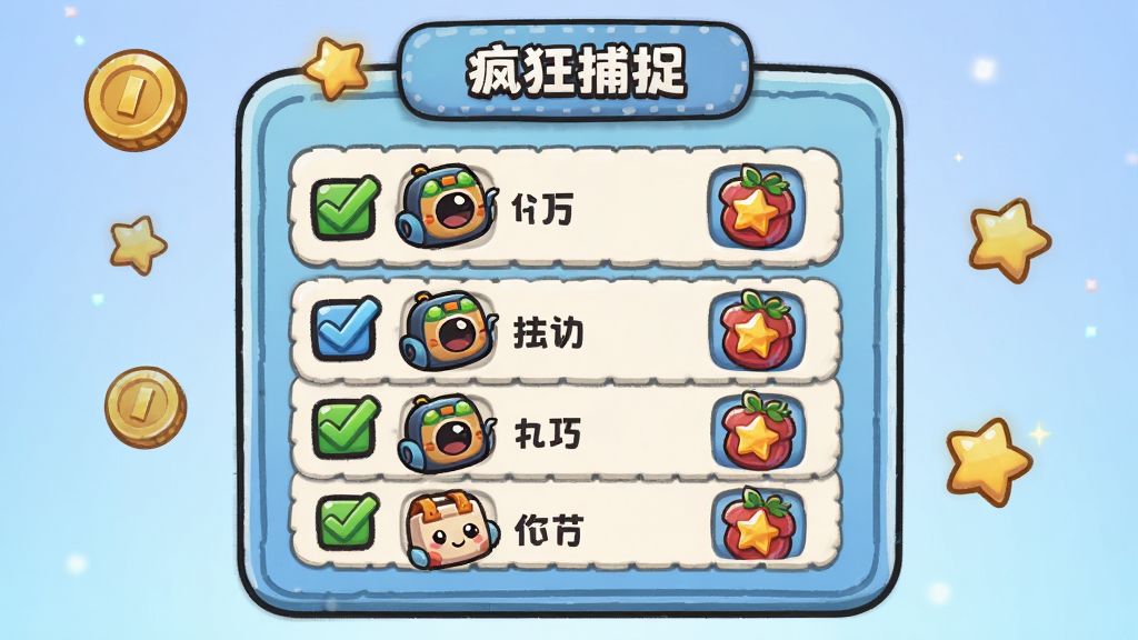 画面展示一个卡通风格的每日任务面板,面板上有勾选框和奖励图标,背景是柔和的渐变蓝色,布局为任务列表居中,周围点缀金币和星星,风格为休闲游戏UI插画,细节包括