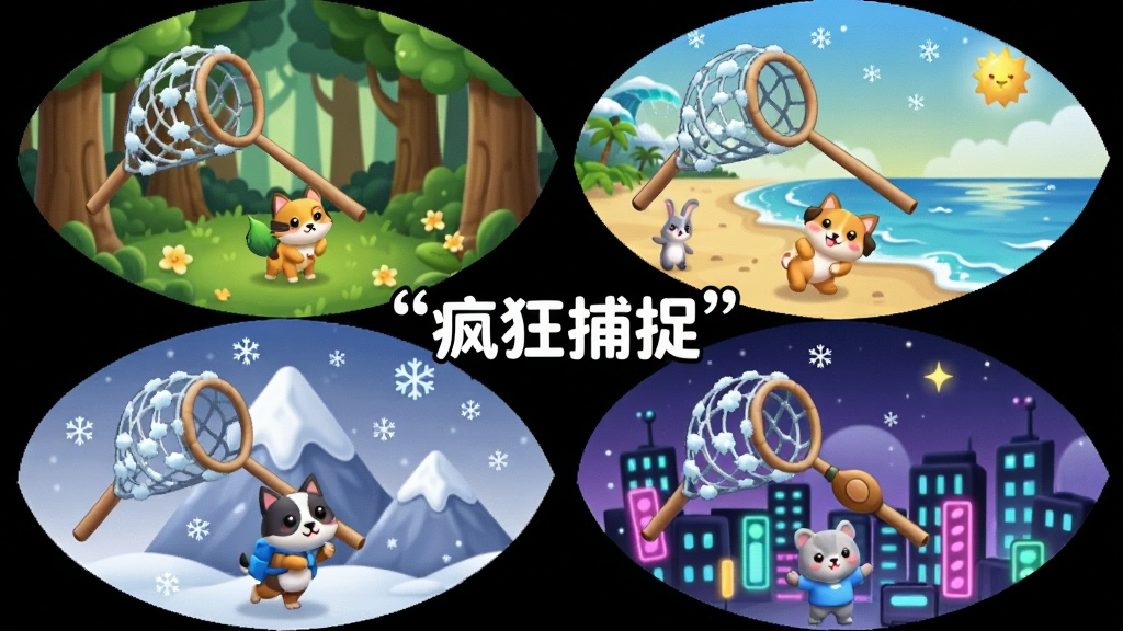 一幅由四个圆形场景拼合而成的画面,分别展示森林、海滩、雪山和城市夜景,每个场景中都有卡通捕捉网和不同的小动物,画面中央用引号写着