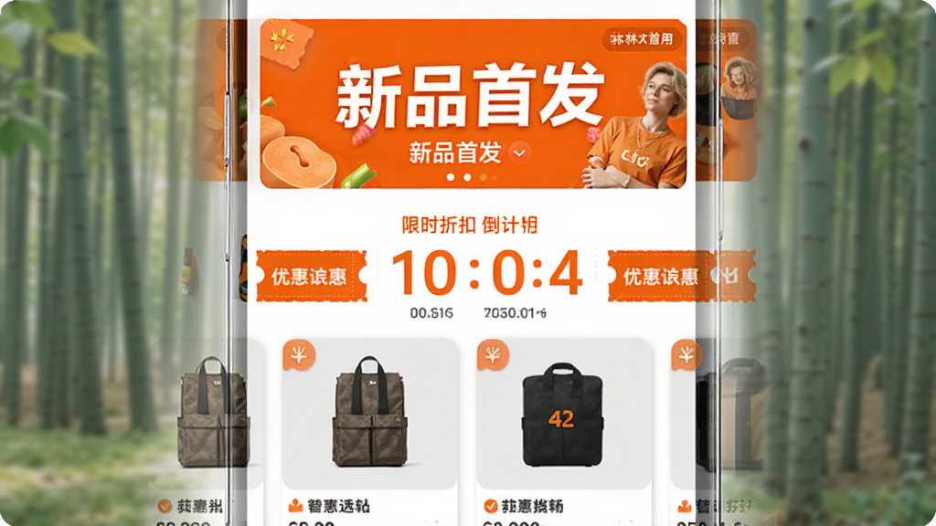 ������һľ��Ӧ�õĻ����ҳ�棬����Ϊ���½ṹ���Ϸ�չʾ�����桰��Ʒ�׷������м�Ϊ��ʱ�ۿ۵���ʱ����Ʒ��Ƭ���Ű���գ����Ϊ������ɫ����ϸ�ڰ����Ż�ȯͼ���뵹��ʱ���֣����ʸ��壬�ɾ����޶���Ԫ��