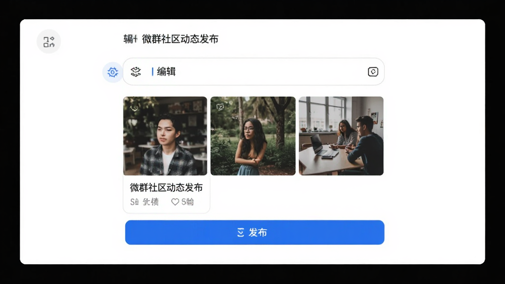 ΢Ⱥ������̬����ҳ�棬��ʾ�༭������ϴ���ͼƬ���·��з�����ť������Ϊ��ɫ��������¼�Լ��ϸ�ڰ���ͼ���������ʾ�����ʸɾ����޶���Ԫ��