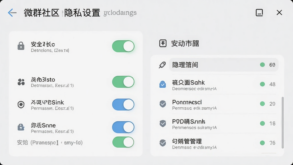 ΢Ⱥ������˽���ý��棬��ʾ�������ѡ���Ȩ�޹����б�������Ϊǳɫ�����Ϊ��ȫ������Ӧ����ƣ�ϸ�ڰ�������ͼ�������˵���������������޶���Ԫ��