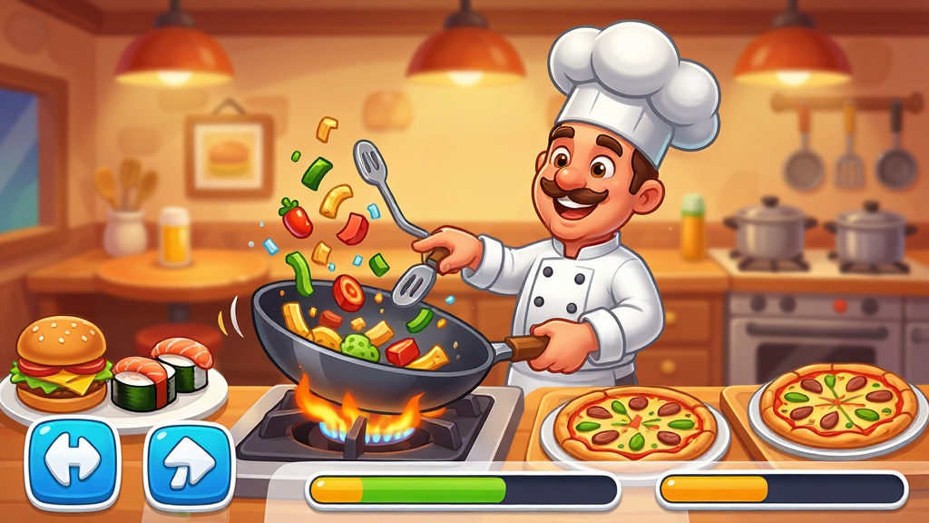 һ��չʾChef Hustle��Ϸ������ĳ���ͼ������������һλ������ɫ��ʦ���Ŀ�ͨ��ʦ����æµ�ط������е�ʳ�ģ���Χ�ڷ��ź�������˾�������ȸ�ʽ��Ʒ����������ܰ�Ĳ�������������ůɫ���ƹ⣬�����·�����Ϸ������ť�ͽ�������������Ϊ2D��ͨ��Ⱦ��ɫ���������죬���������ɾ����޶���Ԫ��