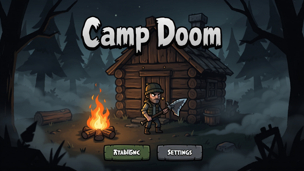 Camp Doom��Ϸ�����棬���ڿ�ͨ���Ӫ��ҹ��������ȼ�գ������ֳ�����վ��ľ��ǰ�����ܱ�Ũ������Ӱ��Χ������������ʾ��Ϸ���⡰Camp Doom�����·��п�ʼ��Ϸ�����ð�ť�����ּ����������񰵺�ð�գ�ϸ�ڷḻ�����廭�ʣ��ɾ��޶���Ԫ��