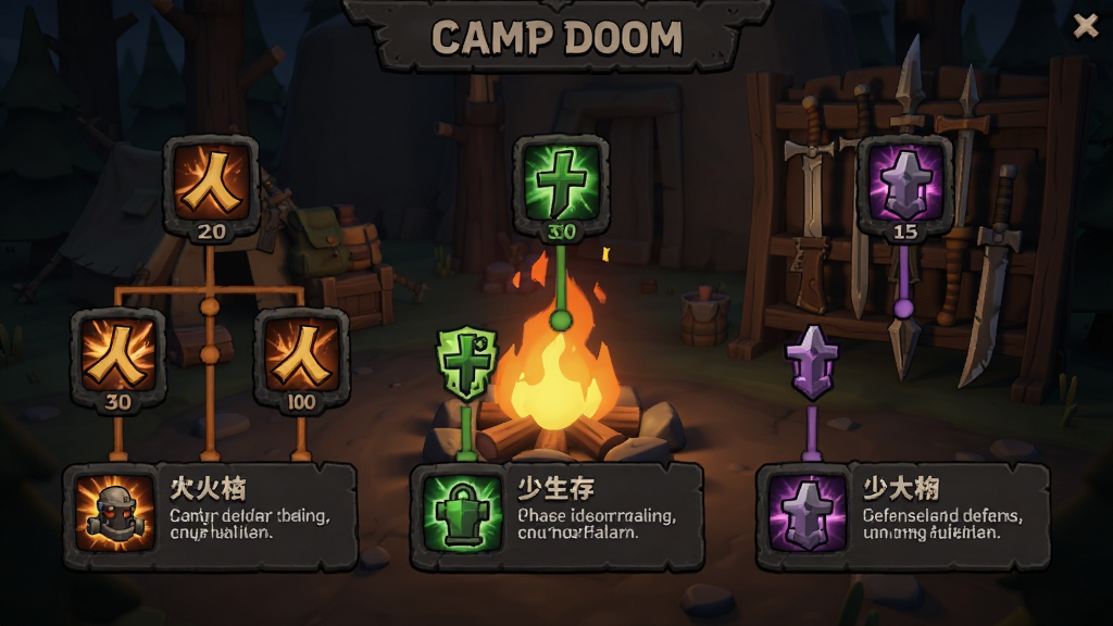 Camp Doom��ɫ���ܽ��棬չʾ��������֧���������������桢��������·�ߣ�ÿ������ͼ���еȼ���˵�����֣�������Ӫ������������ܣ���񰵺ڿ�ͨ������������ϸ�ڷḻ�����廭�ʣ��ɾ��޶���Ԫ��