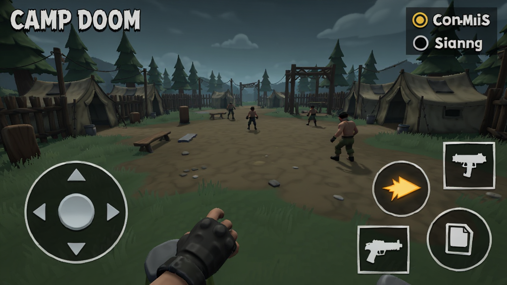 Camp Doom���ֽ̳̽��棬չʾ����ҡ�ˡ�����ť�������л�ͼ�����Դʰȡ��ʾ��������Ӫ��ѵ��������񰵺ڿ�ͨ������������ϸ�ڷḻ�����廭�ʣ��ɾ��޶���Ԫ��