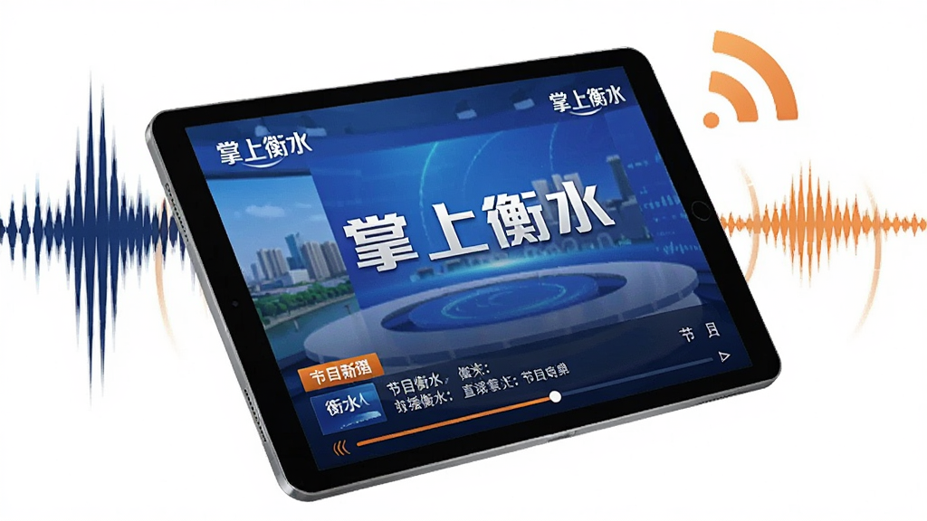 һ����桰���Ϻ�ˮ���㲥����ֱ�����ܵ���ͼ������Ϊһ������ƽ���豸����Ļ�в����ź�ˮ���ص������Ż��棬�����·��н�Ŀ��������������ֲ��öԽ��߹�ͼ��ƽ����΢��б�������ǳ�����������źŲ��ƣ����Ϊ�ִ��Ƽ��У�ϸ������Ļ�ڻ������������С����Ϻ�ˮ��ˮӡ�����ʸɾ��������޶���Ԫ�أ�����ɫ�����������ɫ��׺