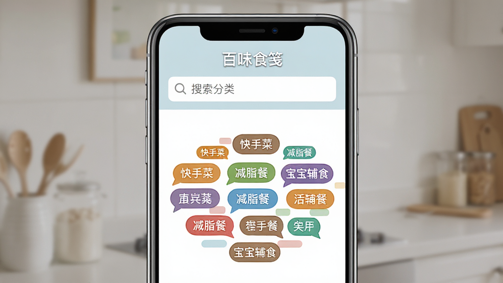 һ��AI���ɵ�ͼƬ������Ϊ�ֻ���Ļչʾ����ζʳ�㡱�ı�ǩ������棬����Ϊ���½ṹ���Ϸ�Ϊ�������·�Ϊ��ɫ��ǩ�ƣ��Ű�Ϊ���жԳƣ����Ϊ��ƽ����ƣ�ϸ�ڰ�����ǩ���֡����ֲˡ�����֬�͡���������ʳ���ȣ����ʸ��壬����ɾ����޶���Ԫ��
