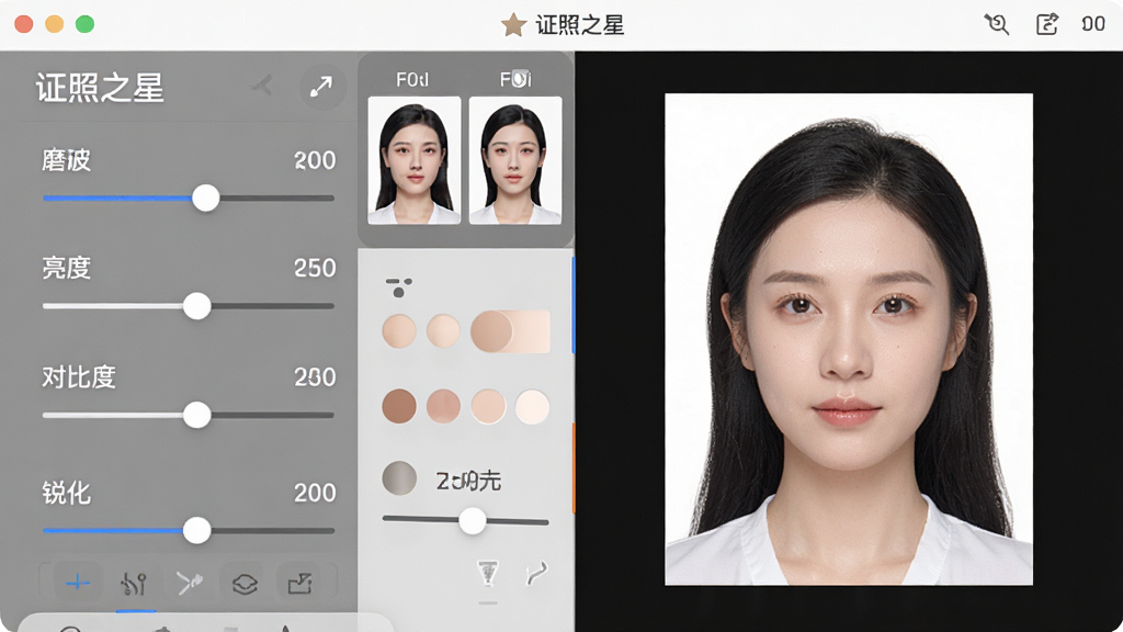 主体为一张人物证件照在软件中进行美颜参数调节,布局为左侧参数滑块面板与右侧照片预览,排版上滑块包括磨皮、亮度、对比度、锐化,风格为现代修图软件界面,细节包含前后对比小窗、肤色色块、参数数值显示,画面干净,画质细腻,文字标注“证照之星”