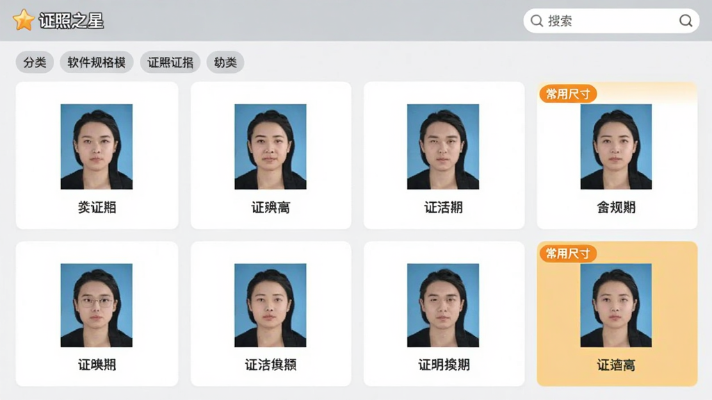 主体为软件规格模板选择界面,布局采用宫格排列,排版上每个格子展示一种证件照尺寸缩略图与名称,风格为清爽扁平化,细节包含分类标签栏、搜索框、常用尺寸高亮标记,画面干净整洁,画质清晰,文字标注“证照之星”