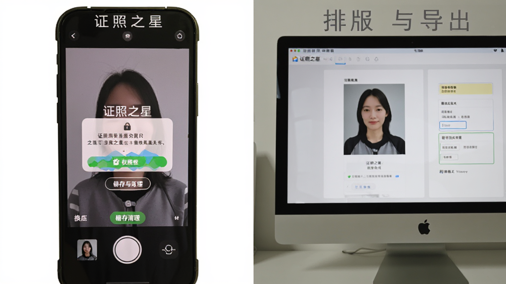 主体为手机与电脑同时显示证照之星操作界面的对比图,布局为左右对照,排版上左侧手机展示拍摄与换底,右侧电脑展示排版与导出,风格为实用教程风,细节包含权限弹窗、缓存清理按钮、导出格式选项,画面干净,画质清晰,文字标注“证照之星”