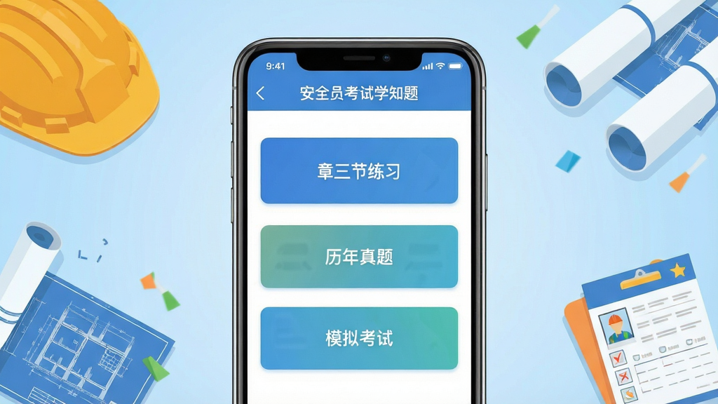 ��ȫԱ����ѧ֪������������չʾ���ֻ���Ļ���з��ã���Ļ����ʾ��ȫԱ����ѧ֪��APP�������ϰҳ�棬�����½���ϰ���������⡢ģ�⿼�Ե���ڰ�ť������Ϊ�ɾ���ǳ��ɫ���䣬��Χ���ƽ������ذ�ȫñ��ʩ��ͼֽ�����⿨��Ԫ�أ���������רҵ����ƽ����ƣ�����ɾ��޶���װ�Σ����廭��