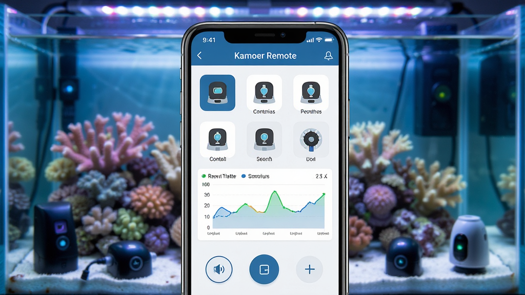 һ��չʾ�����ֻ���Ļ��ͼƬ����Ļ����ʾ Kamoer Remote Ӧ�ó���������ƽ��棬�����а������ˮ���豸ͼ�ꡢʵʱ��������ͼ����Զ�̿��ư�ť������Ϊ�ִ�ˮ���䳡�������峺��ˮ���ɫ�����޵�ɺ�������岼��Ϊ�ֻ����У���Χ����ˮ���豸Ԫ�ء����Ϊ�Ƽ���дʵ�磬ϸ�ڰ����ֻ��߿򷴹⡢APP����UI������ˮ����ƹ�Ч�������ʸ��壬�ɾ����޶���Ԫ�ء�