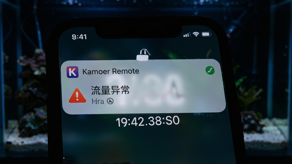 һ��չʾ�ֻ����ձ������͵�ͼƬ���ֻ�����������ʾһ������ Kamoer Remote ��֪ͨ��֪ͨ���ݰ�������ͼ��͡������쳣������������Ϊ��ɫ����ˮ����ҹ�����ֻ���Ļ���⡣����Ϊ�ֻ���д�����Ϊдʵ�����磬ϸ�ڰ���֪ͨ�����ʱ����ʾ��ˮ�������������ʸ��壬�ɾ����޶���Ԫ�ء�